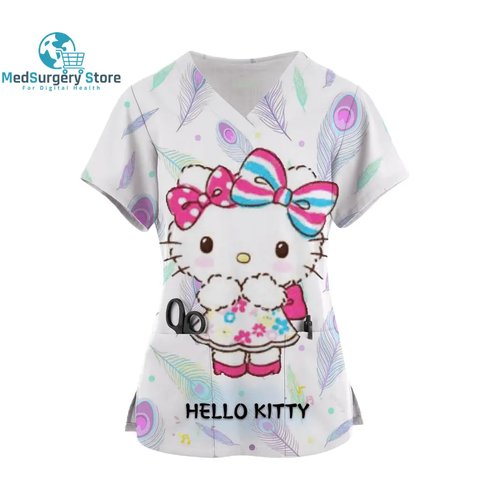 2024 Kawaii Uniform Scrubs Womens Cartoon Hello Kitty Print Short Sleeve Pocket Overalls Uniforms Medical Nursing Blouse