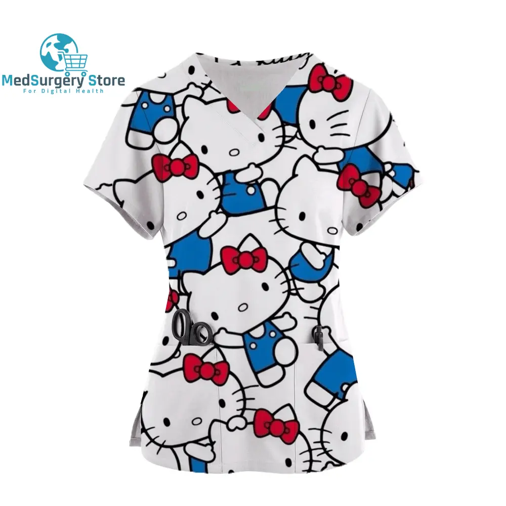 2024 Kawaii Uniform Scrubs Womens Cartoon Hello Kitty Print Short Sleeve Pocket Overalls Uniforms Medical Nursing Blouse