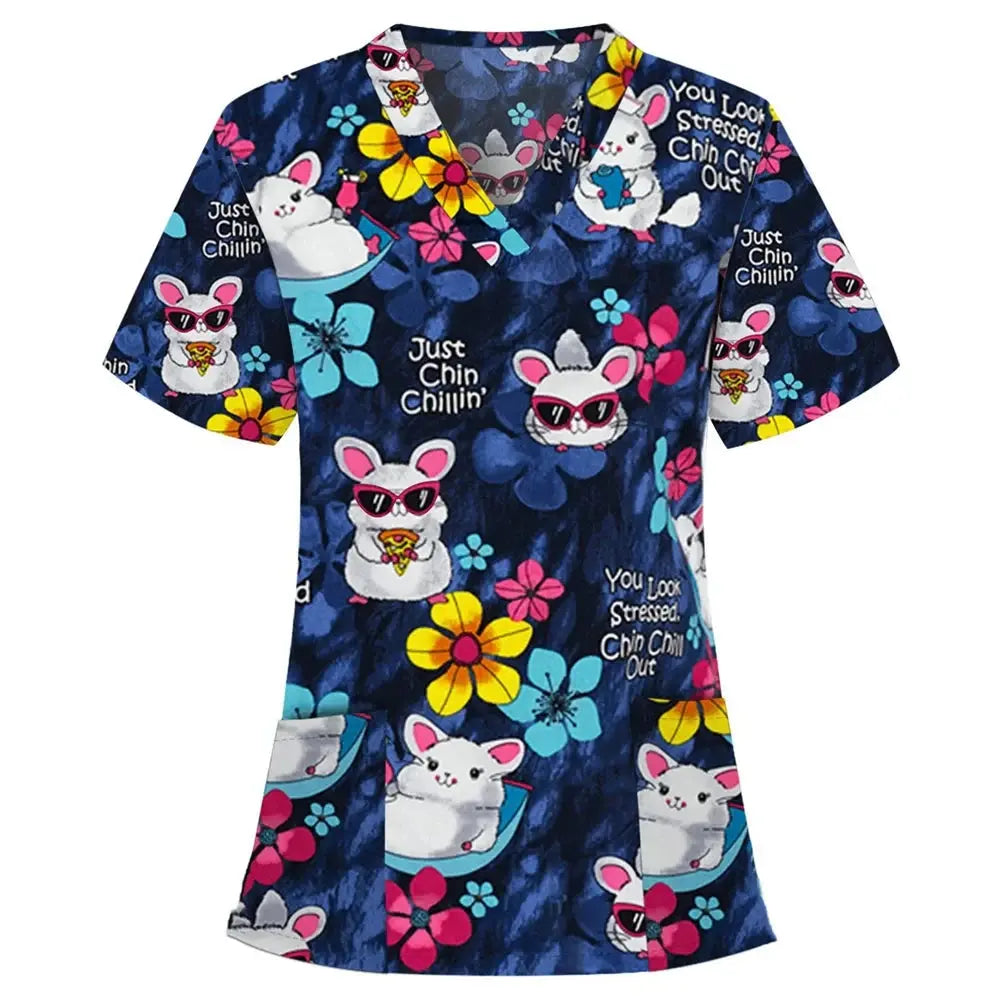 Uniforme chirurgical vétérinaire imprimé d'une vignette d'animal pour les femmes, Tops à col en V à la mode, manches courtes, docteur pour animaux CJdropshipping