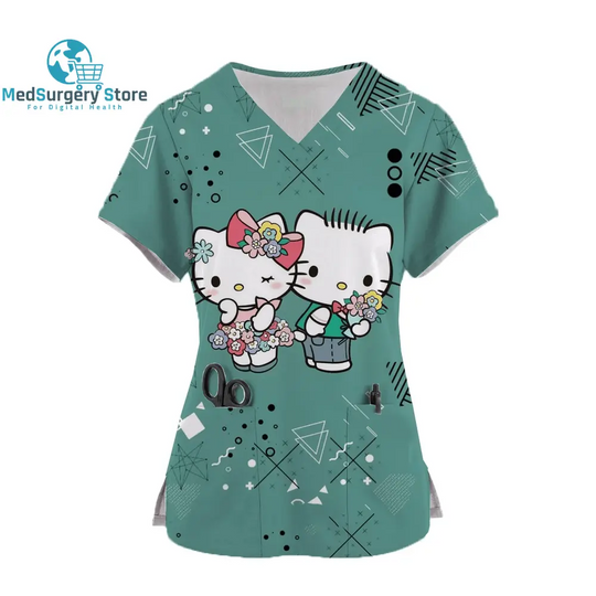 2024 Kawaii Uniform Scrubs Womens Cartoon Hello Kitty Print Short Sleeve Pocket Overalls Uniforms Medical Nursing Blouse