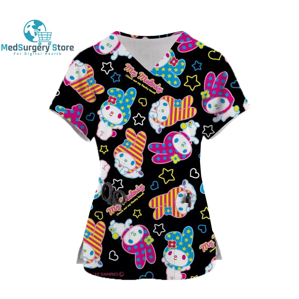 2024 Kawaii Uniform Scrubs Womens Cartoon Hello Kitty Print Short Sleeve Pocket Overalls Uniforms Medical Nursing Blouse