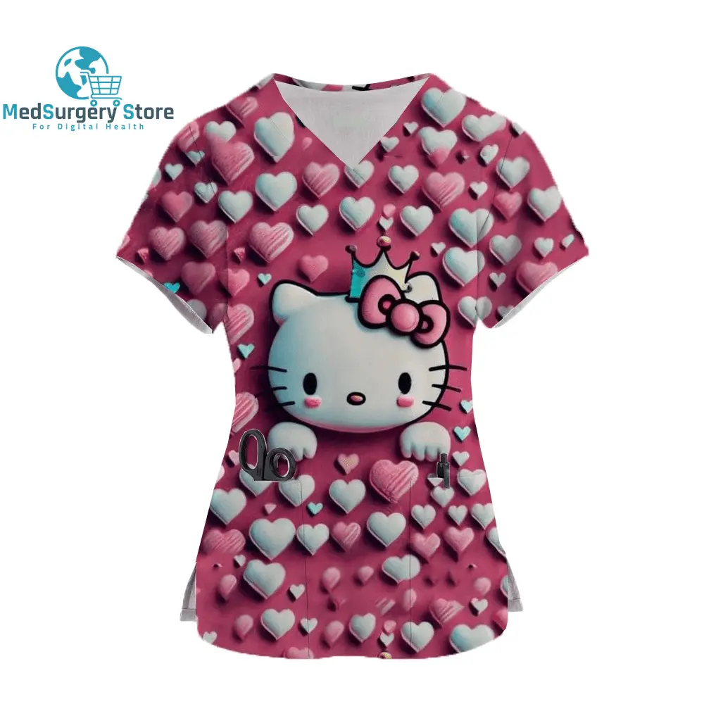 2024 Kawaii Uniform Scrubs Womens Cartoon Hello Kitty Print Short Sleeve Pocket Overalls Uniforms Medical Nursing Blouse