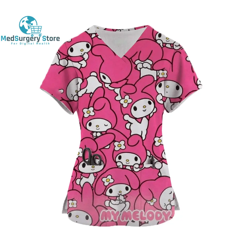 2024 Kawaii Uniform Scrubs Womens Cartoon Hello Kitty Print Short Sleeve Pocket Overalls Uniforms Medical Nursing Blouse