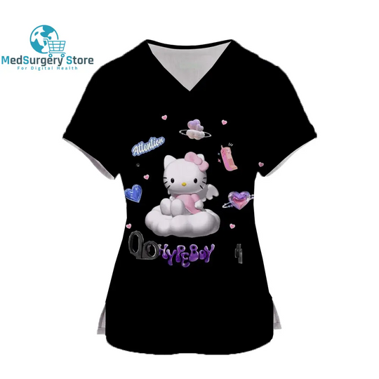 2024 Kawaii Uniform Scrubs Womens Cartoon Hello Kitty Print Short Sleeve Pocket Overalls Uniforms Medical Nursing Blouse