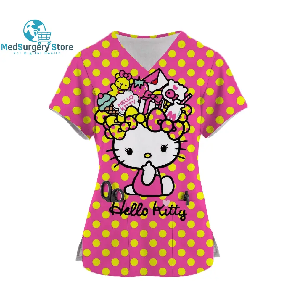 2024 Kawaii Uniform Scrubs Womens Cartoon Hello Kitty Print Short Sleeve Pocket Overalls Uniforms Medical Nursing Blouse