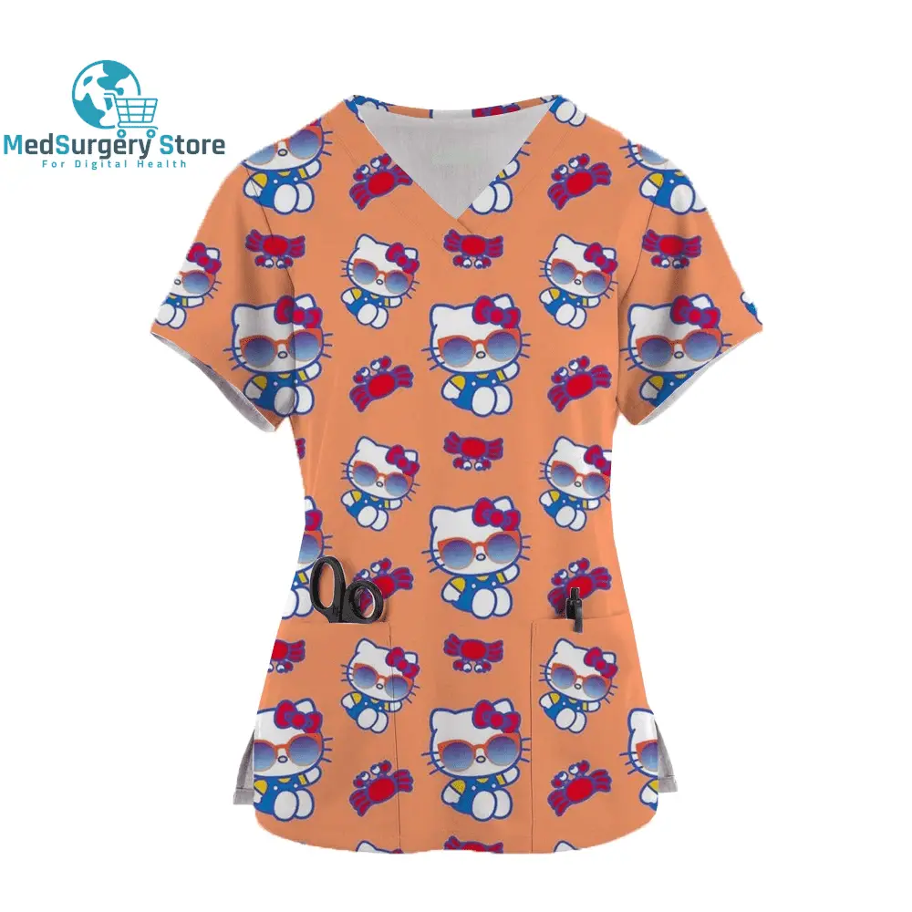 2024 Kawaii Uniform Scrubs Womens Cartoon Hello Kitty Print Short Sleeve Pocket Overalls Uniforms Medical Nursing Blouse