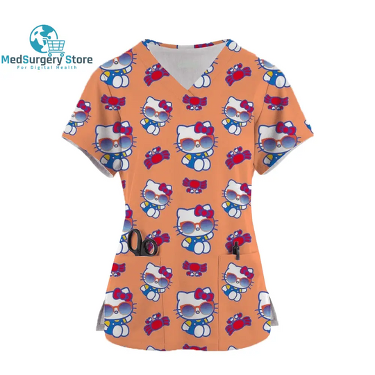 2024 Kawaii Uniform Scrubs Womens Cartoon Hello Kitty Print Short Sleeve Pocket Overalls Uniforms Medical Nursing Blouse