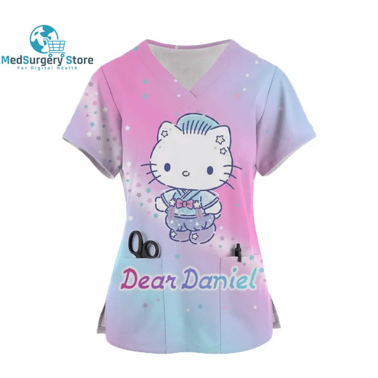 2024 Kawaii Uniform Scrubs Womens Cartoon Hello Kitty Print Short Sleeve Pocket Overalls Uniforms Medical Nursing Blouse