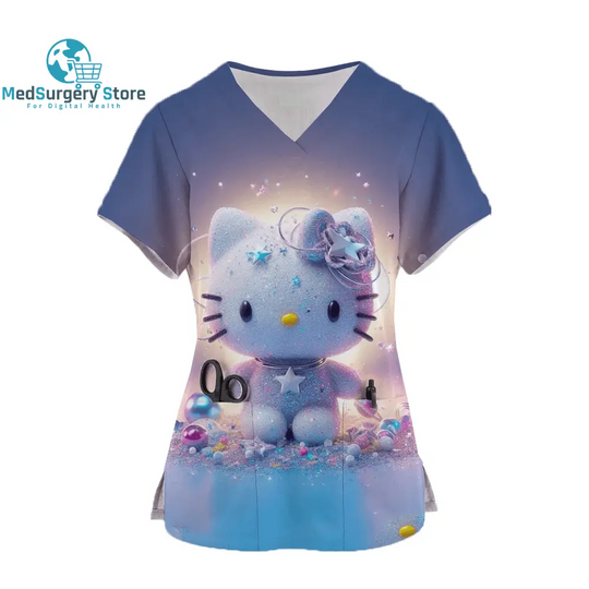 2024 Kawaii Uniform Scrubs Womens Cartoon Hello Kitty Print Short Sleeve Pocket Overalls Uniforms Medical Nursing Blouse