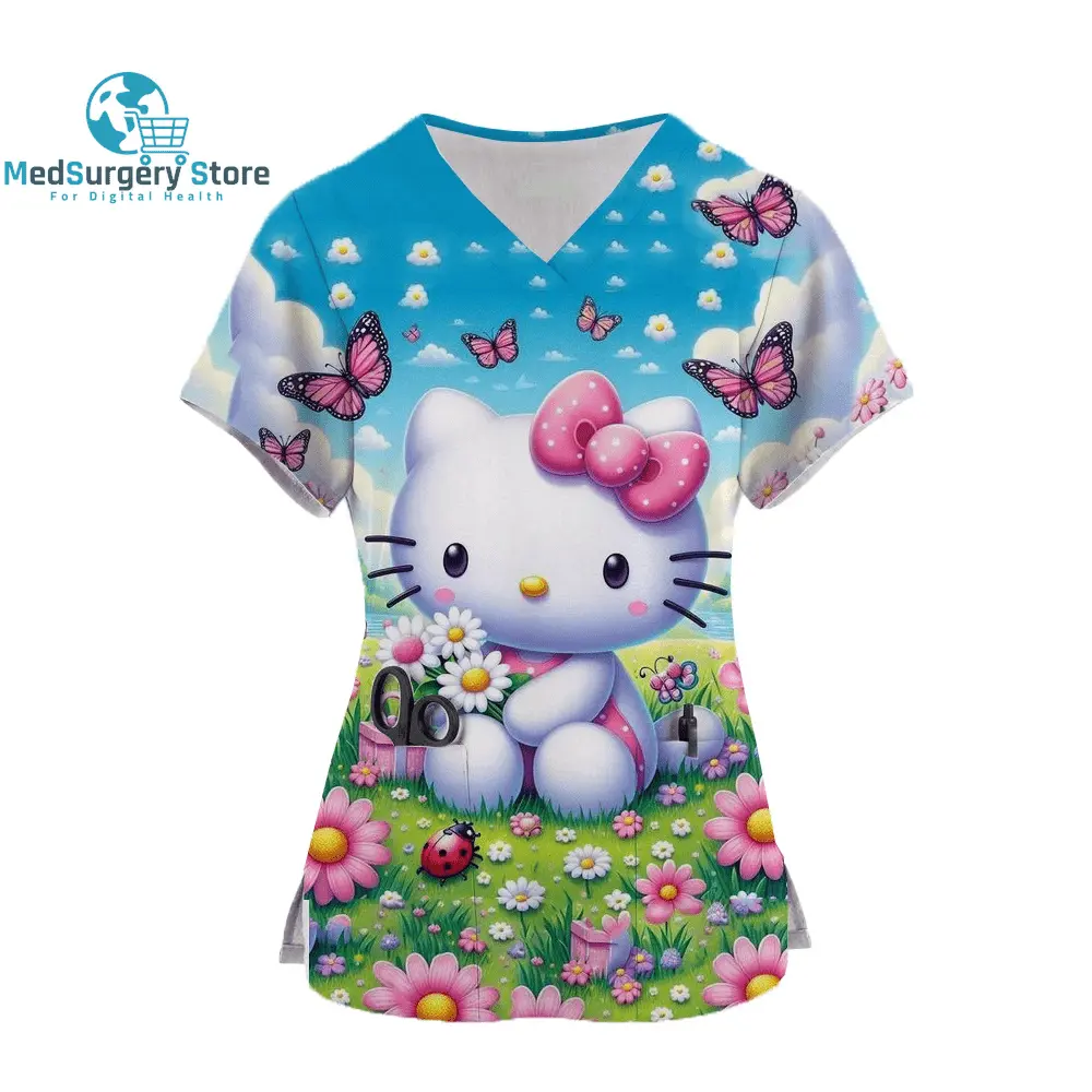 2024 Kawaii Uniform Scrubs Womens Cartoon Hello Kitty Print Short Sleeve Pocket Overalls Uniforms Medical Nursing Blouse