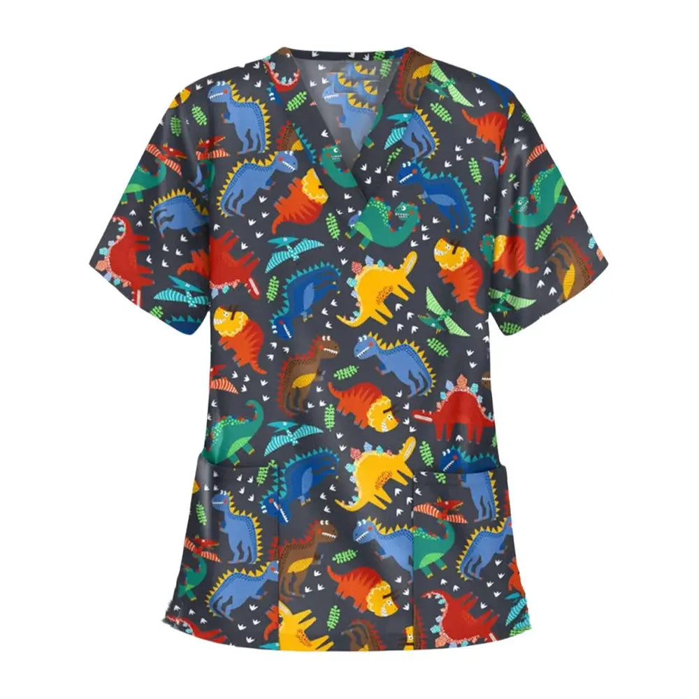 Uniforme chirurgical vétérinaire imprimé d'une vignette d'animal pour les femmes, Tops à col en V à la mode, manches courtes, docteur pour animaux CJdropshipping