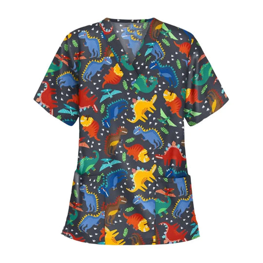 Uniforme chirurgical vétérinaire imprimé d'une vignette d'animal pour les femmes, Tops à col en V à la mode, manches courtes, docteur pour animaux CJdropshipping