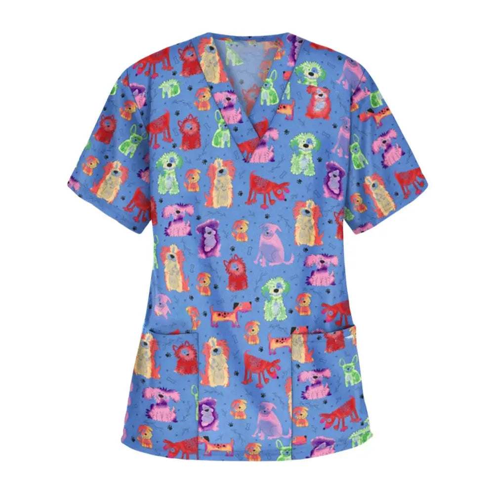 Uniforme chirurgical vétérinaire imprimé d'une vignette d'animal pour les femmes, Tops à col en V à la mode, manches courtes, docteur pour animaux CJdropshipping