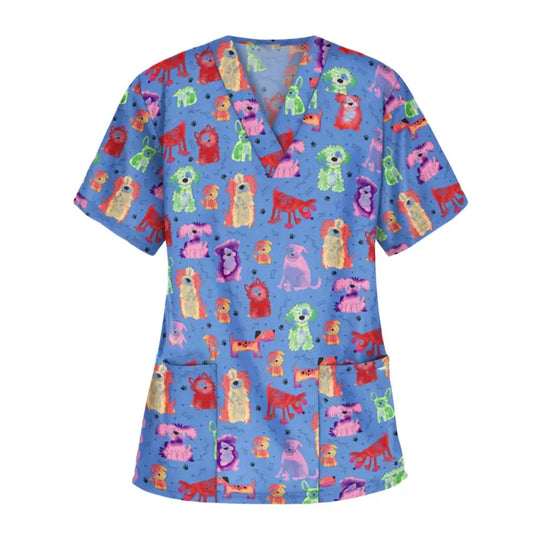 Uniforme chirurgical vétérinaire imprimé d'une vignette d'animal pour les femmes, Tops à col en V à la mode, manches courtes, docteur pour animaux CJdropshipping