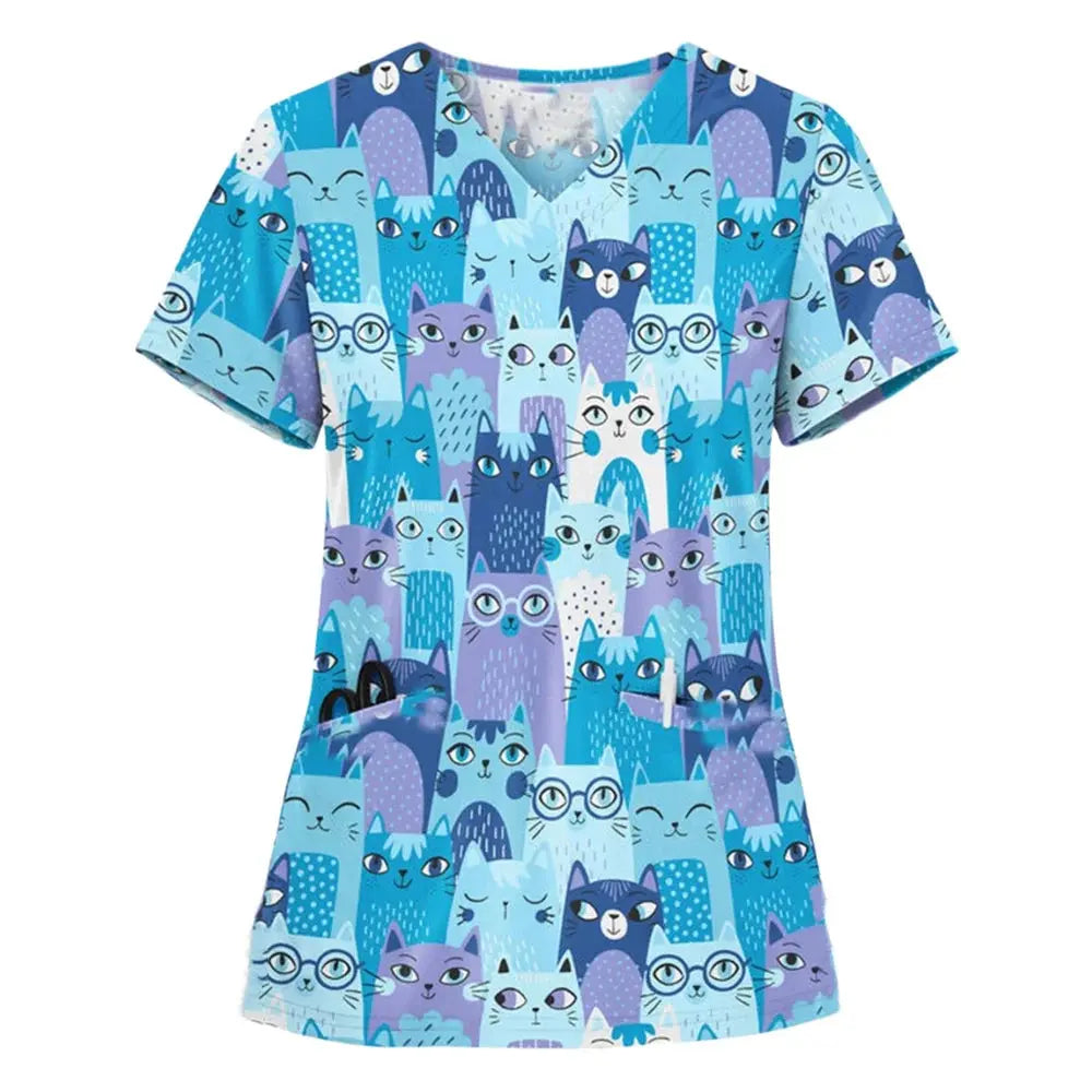 Uniforme chirurgical vétérinaire imprimé d'une vignette d'animal pour les femmes, Tops à col en V à la mode, manches courtes, docteur pour animaux CJdropshipping