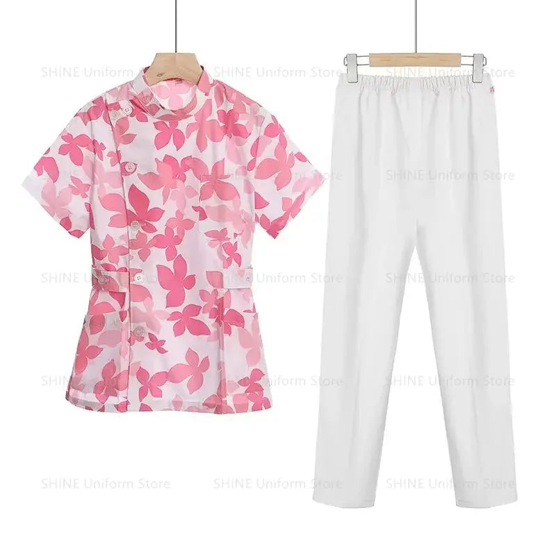 Ensemble de gommage court rose, uniforme médical pour infirmière et médecin, vêtements pour femmes, tenue d'infirmière deux pièces, robe d'hôpital de salon de beauté avec logo MedSurgery Store For Digital Health
