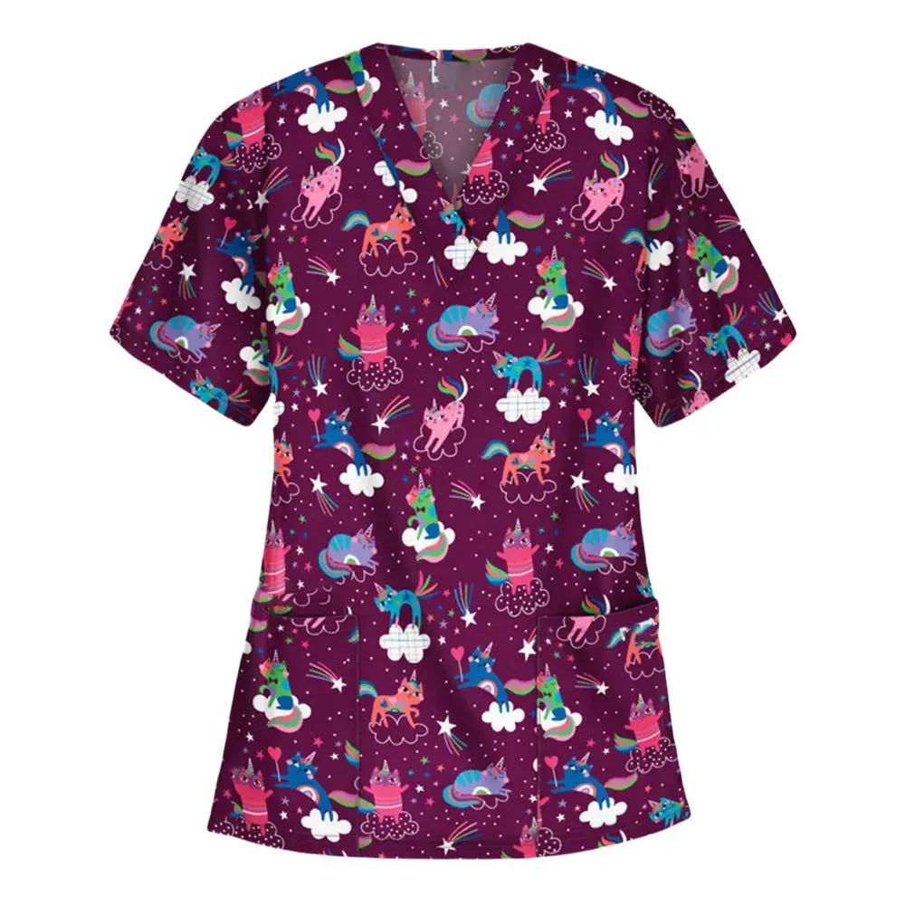 Uniforme chirurgical vétérinaire imprimé d'une vignette d'animal pour les femmes, Tops à col en V à la mode, manches courtes, docteur pour animaux CJdropshipping