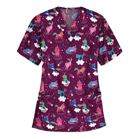 Uniforme chirurgical vétérinaire imprimé d'une vignette d'animal pour les femmes, Tops à col en V à la mode, manches courtes, docteur pour animaux CJdropshipping