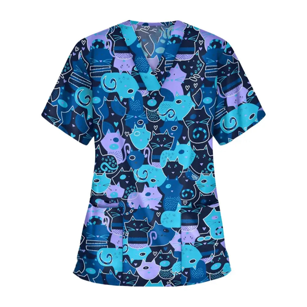 Uniforme chirurgical vétérinaire imprimé d'une vignette d'animal pour les femmes, Tops à col en V à la mode, manches courtes, docteur pour animaux CJdropshipping