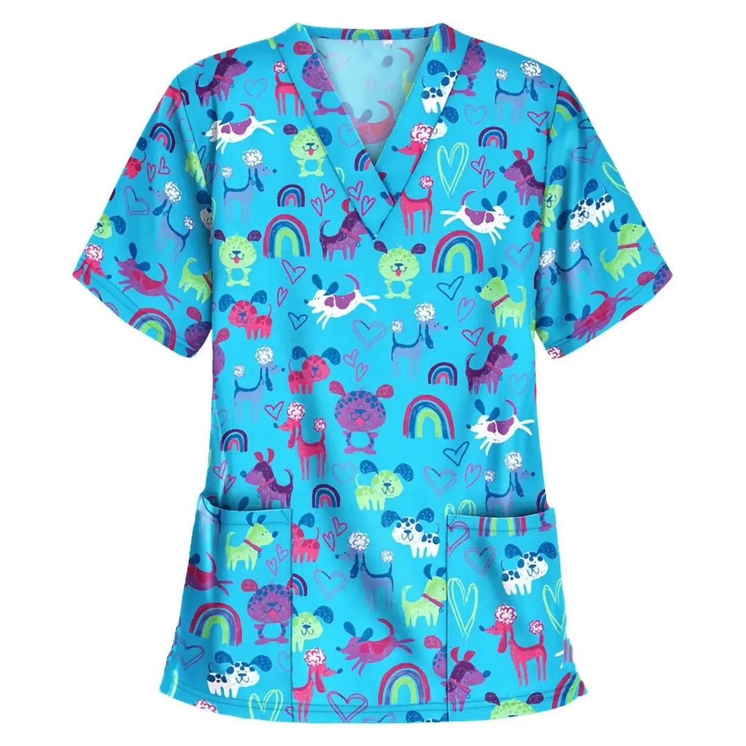 Uniforme chirurgical vétérinaire imprimé d'une vignette d'animal pour les femmes, Tops à col en V à la mode, manches courtes, docteur pour animaux CJdropshipping