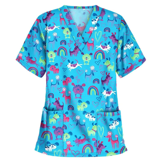 Uniforme chirurgical vétérinaire imprimé d'une vignette d'animal pour les femmes, Tops à col en V à la mode, manches courtes, docteur pour animaux CJdropshipping