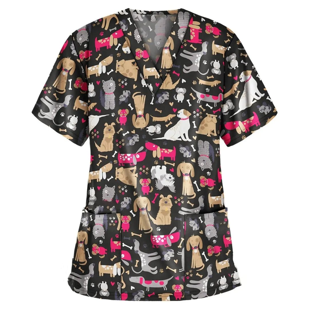 Uniforme chirurgical vétérinaire imprimé d'une vignette d'animal pour les femmes, Tops à col en V à la mode, manches courtes, docteur pour animaux CJdropshipping