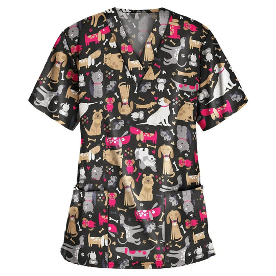 Uniforme chirurgical vétérinaire imprimé d'une vignette d'animal pour les femmes, Tops à col en V à la mode, manches courtes, docteur pour animaux CJdropshipping