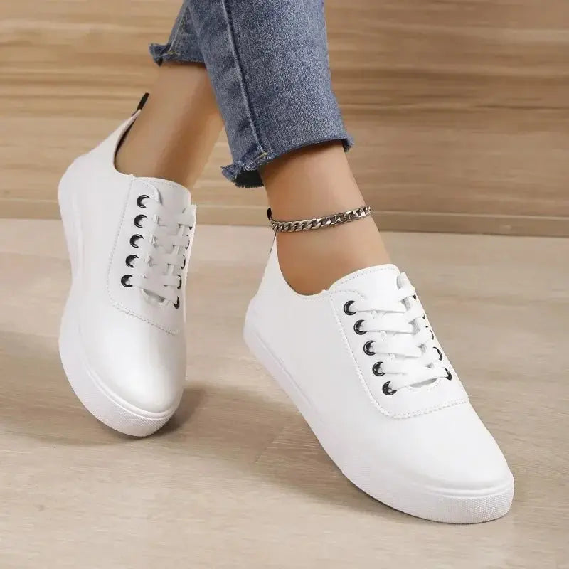 White Shoes, Women's Sneakers, Shallow White Leather Lace-Up Shoes, Versatile Soft Sole, Running and Walking Shoes, Campus for Students MedSurgery Store For Digital Health