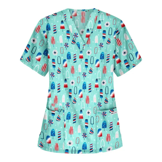 Uniforme chirurgical vétérinaire imprimé d'une vignette d'animal pour les femmes, Tops à col en V à la mode, manches courtes, docteur pour animaux CJdropshipping