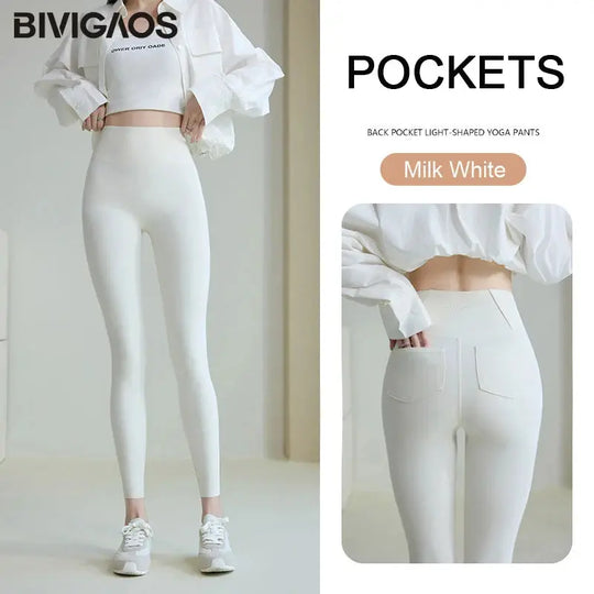 BIVIGAOS 2025 Printemps Été poche arrière Peau de requin Leggings femmes serré blanc Casual sport Fitness Leggings Leggings skinny pantalon MedSurgery Store For Digital Health