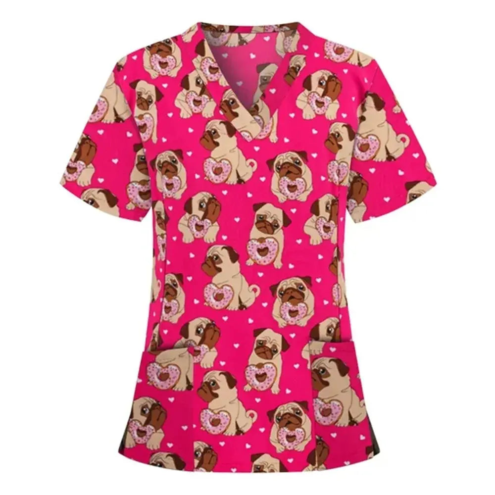 Uniforme chirurgical vétérinaire imprimé d'une vignette d'animal pour les femmes, Tops à col en V à la mode, manches courtes, docteur pour animaux CJdropshipping