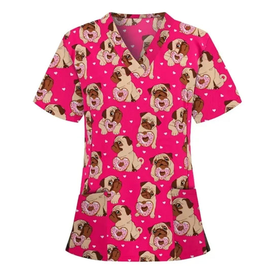 Uniforme chirurgical vétérinaire imprimé d'une vignette d'animal pour les femmes, Tops à col en V à la mode, manches courtes, docteur pour animaux CJdropshipping