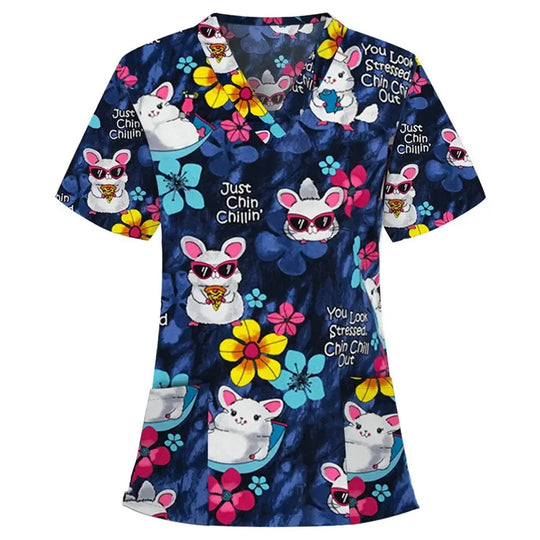 Uniforme chirurgical vétérinaire imprimé d'une vignette d'animal pour les femmes, Tops à col en V à la mode, manches courtes, docteur pour animaux CJdropshipping