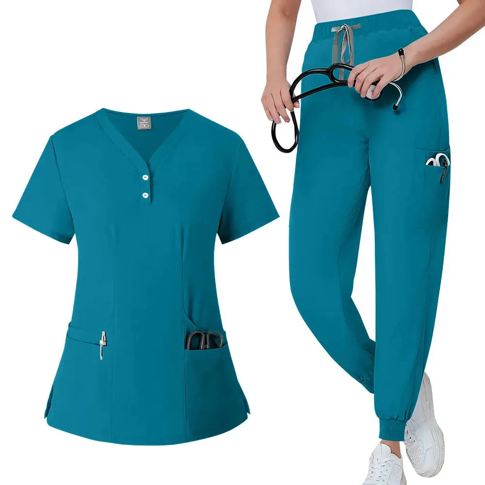 Ensemble de gommage pour femmes, haut de poche à col en V, pantalon de jogging exfoliant avec cordon de serrage, gants de soins infirmiers, gants de chirurgie CJdropshipping