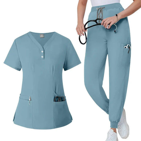 Ensemble de gommage pour femmes, haut de poche à col en V, pantalon de jogging exfoliant avec cordon de serrage, gants de soins infirmiers, gants de chirurgie CJdropshipping