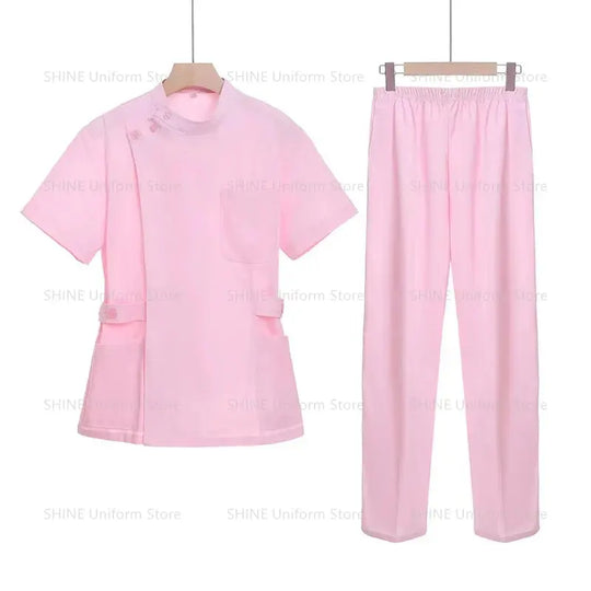 Ensemble de gommage court rose, uniforme médical pour infirmière et médecin, vêtements pour femmes, tenue d'infirmière deux pièces, robe d'hôpital de salon de beauté avec logo MedSurgery Store For Digital Health