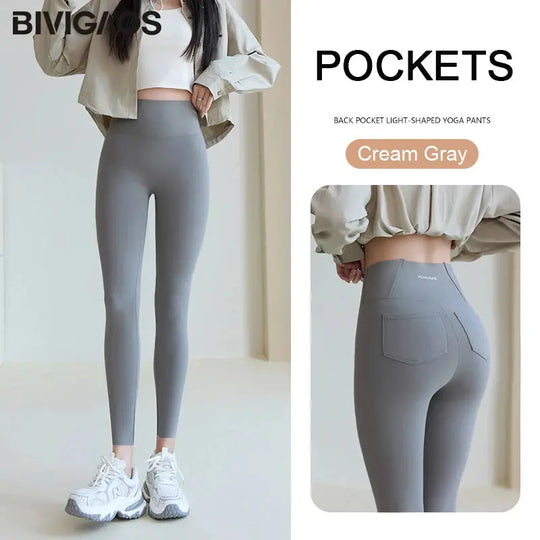 BIVIGAOS 2025 Printemps Été poche arrière Peau de requin Leggings femmes serré blanc Casual sport Fitness Leggings Leggings skinny pantalon MedSurgery Store For Digital Health