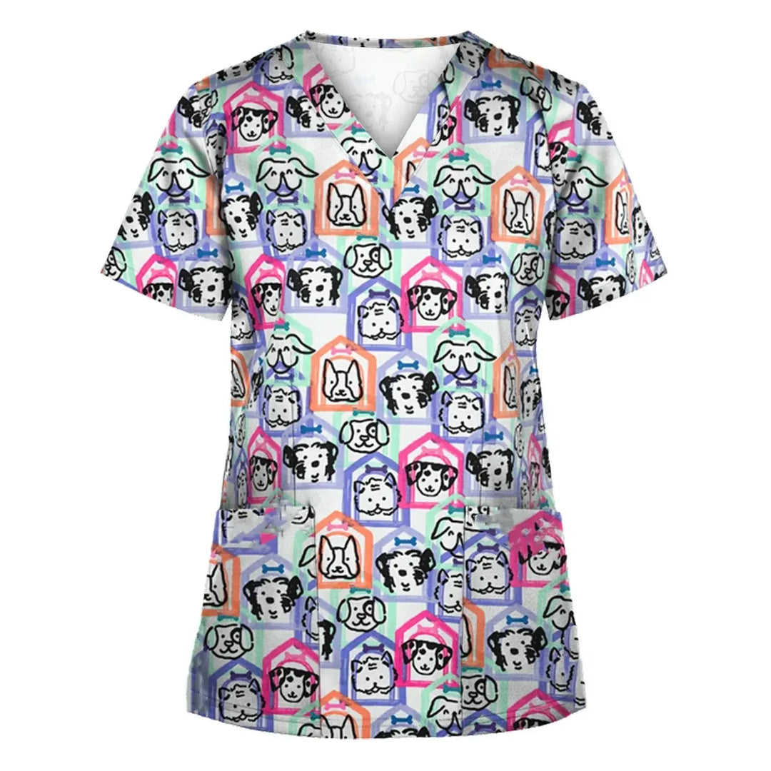 Uniforme chirurgical vétérinaire imprimé d'une vignette d'animal pour les femmes, Tops à col en V à la mode, manches courtes, docteur pour animaux CJdropshipping