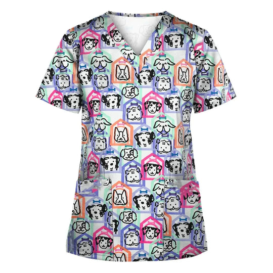 Uniforme chirurgical vétérinaire imprimé d'une vignette d'animal pour les femmes, Tops à col en V à la mode, manches courtes, docteur pour animaux CJdropshipping