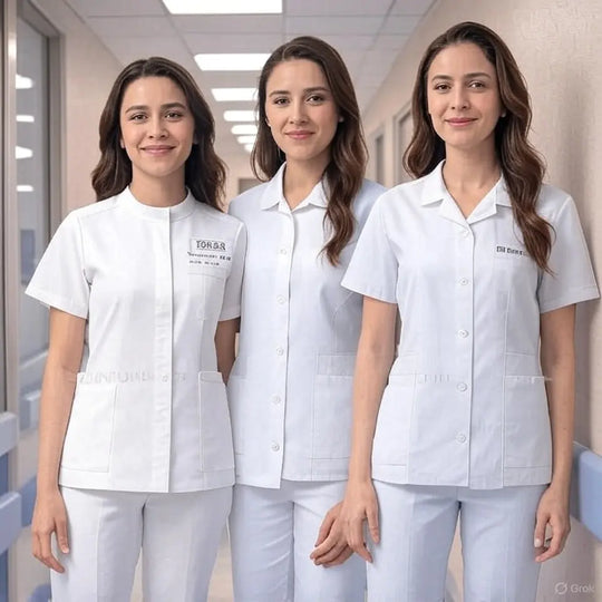 Ensemble de gommage blanc, rose et bleu pour femmes "BlushCare Elite" - Uniforme d'infirmière deux pièces court avec confort et ajustement dsers-fulfillment-service