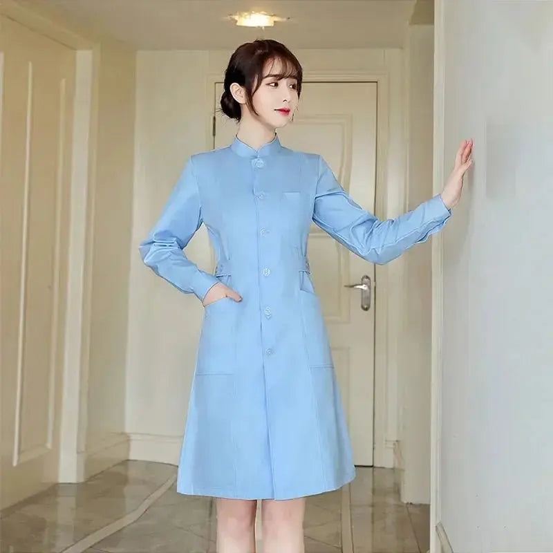 Uniforme d'infirmière, blouse de laboratoire pour femme, combinaison d'infirmière praticienne, vêtement de travail à manches longues pour le salon de beauté, robe médicale de couleur unie.