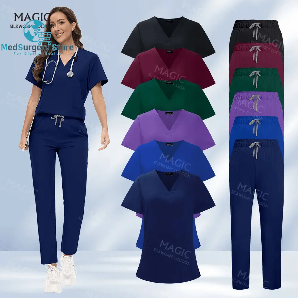 Hôpital Vêtements chirurgicaux Uniformes médicaux Ensemble de gommage pour femmes Médecin Infirmière Accessoires Clinique dentaire Ensemble de gommage Salon de beauté Vêtements de travail
